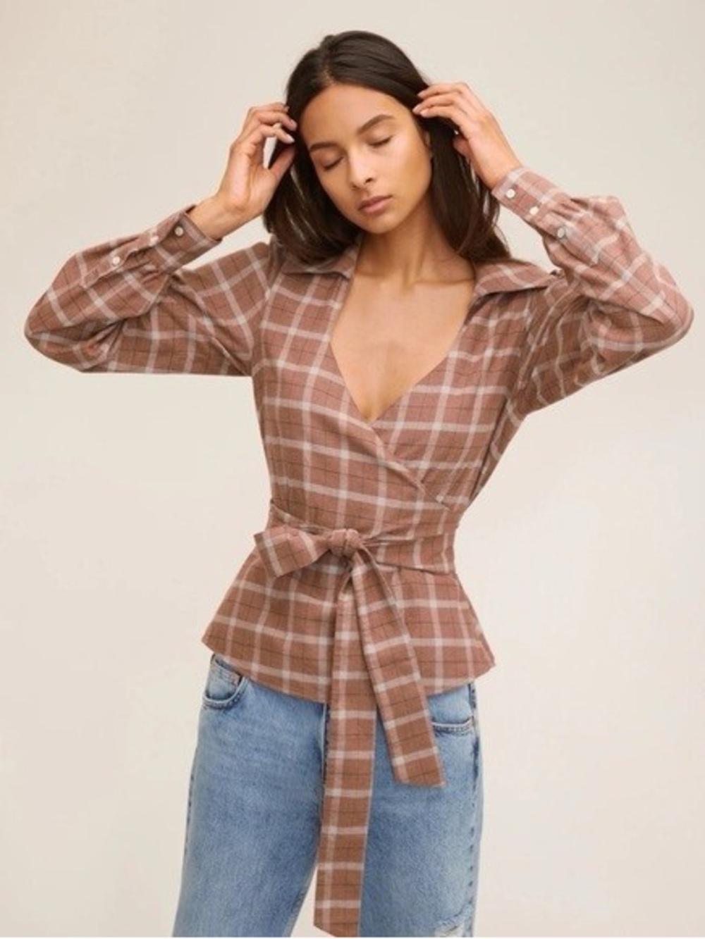 Marissa Webb Plaid Wrap Blouse V-Neck Long Sleeve Collared Brown Printed
